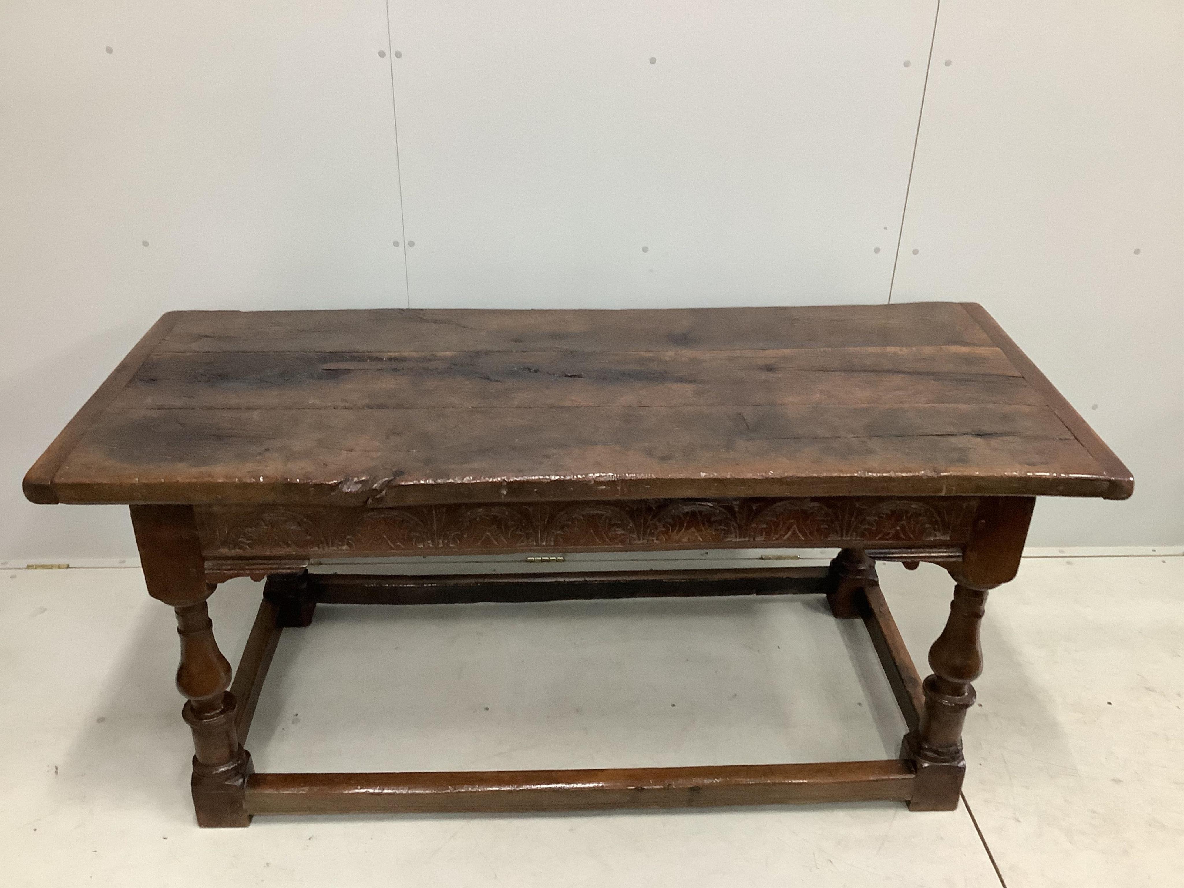 A 17th century and later rectangular oak refectory dining table, width 187cm, depth 79cm, height 83cm. Condition - fair